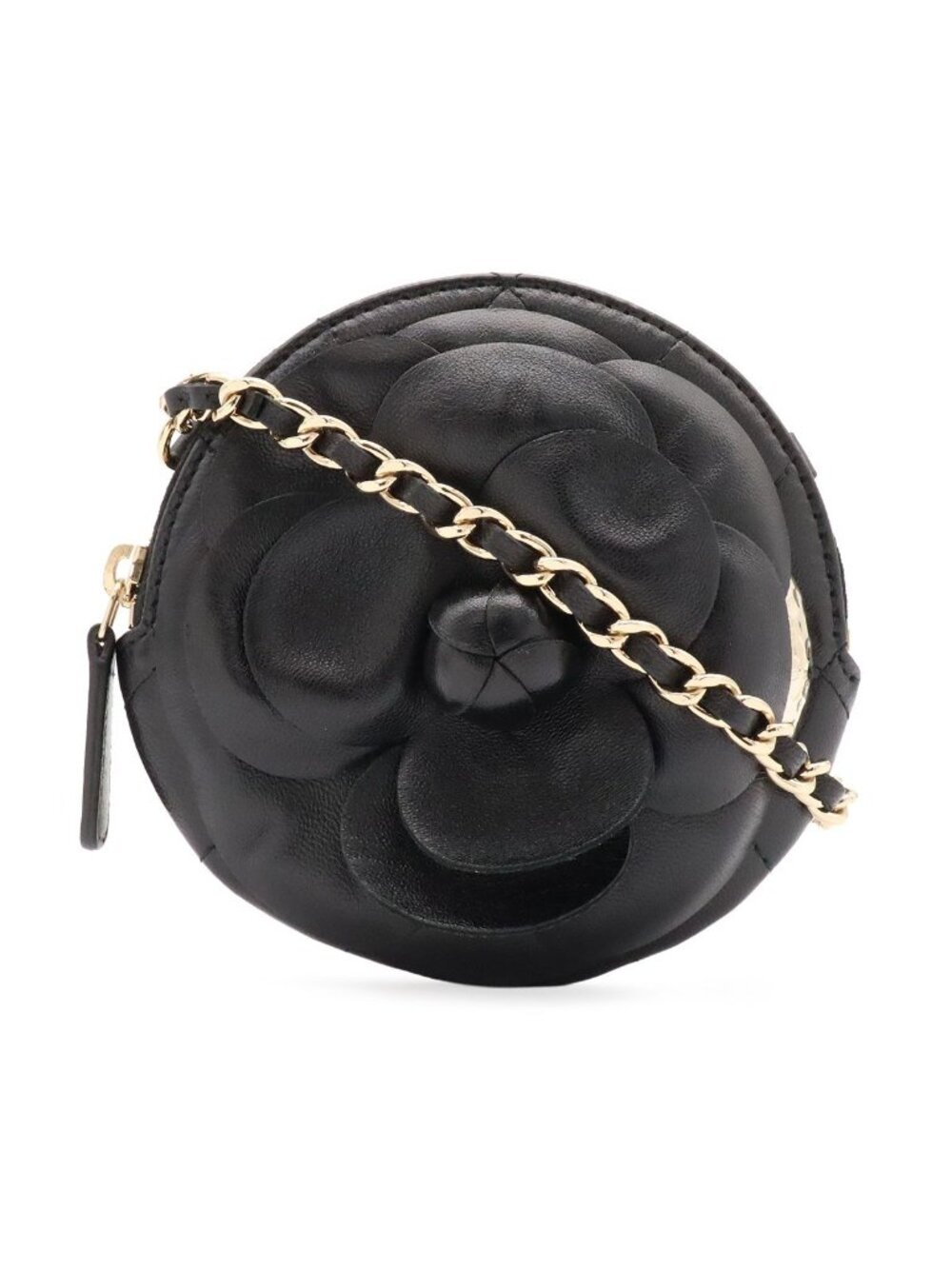 Chanel Camellia Quilted Chain Pochette Mini Shoulder Bag Lambskin Leather Black